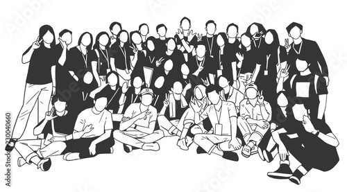 Illustration of young people, friends, classmates, students, colleagues, family posing for group photo	