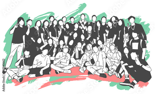Illustration of young people, friends, classmates, students, colleagues, family posing for group photo	