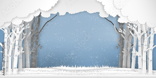 The winter season with trees in the forest and snow  as Paper art , cut and digital craft style concept. vector illustration