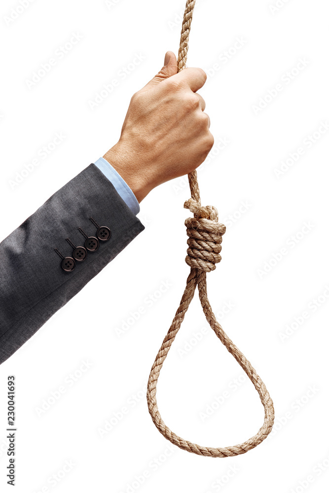 Man's hand in suit holding rope noose isolated on white background. Concept for depression, melancholy, sadness, dejection, despondency Man's hand in suit holding rope noose isolated on white background. Concept for depression, melancholy, sadness, dejection, despondency