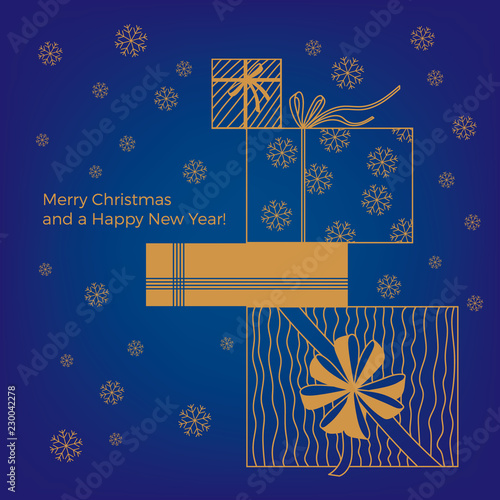 Christmas card with golden presents wrapped up in different Christmas wrapping paper and ribbons