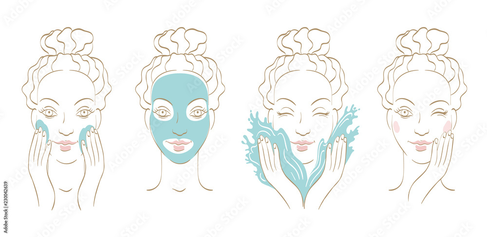 Young attractive woman putting on, then removing, a cleansing facial mask. Young attractive woman putting on, then removing, a cleansing facial mask.