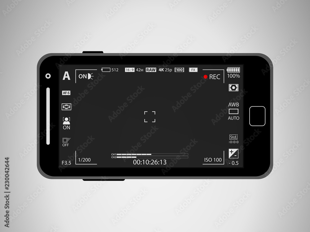 Flat black modern mobile camera phone with focusing screen with settings isolated. Camera recording. Vector illustration Flat black modern mobile camera phone with focusing screen with settings isolated. Camera recording. Vector illustration