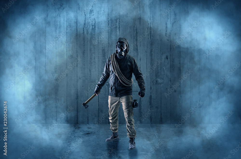 Fototapeta premium Dreadful dangerous man with wood, shanty wallpaper and fume around 
