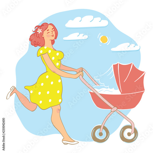 Skipping, happy mother, wearing a yellow dress with white spots, pushing a pram/stroller outside on a sunny, blue sky day.