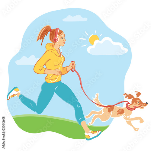Active young woman jogging with her dog