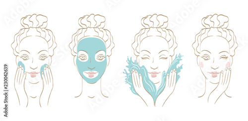 Young attractive woman putting on, then removing, a cleansing facial mask.