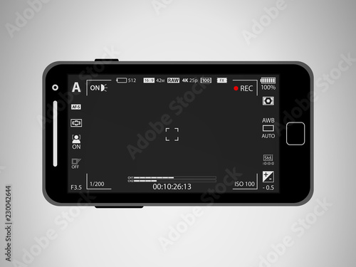 Flat black modern mobile camera phone with focusing screen with settings isolated. Camera recording. Vector illustration