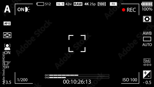 Modern digital video camera focusing screen with settings template. Black viewfinder mirrorless, DSLR or cameraphone camera recording. Vector illustration