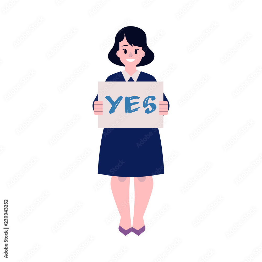 Vector illustration of woman protester and activist - young fat caucasian girl holding placard with YES sign isolated on white background. Fighting for female rights concept in flat style. Vector illustration of woman protester and activist - young fat caucasian girl holding placard with YES sign isolated on white background. Fighting for female rights concept in flat style.