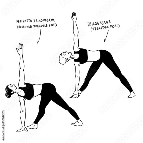 Woman characters performing trikonasana.