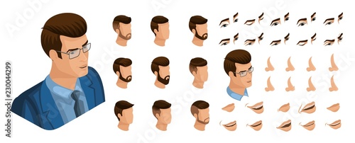 Isometric Create emotions for your character, young entrepreneur, business man. Set of stylish hairstyles and emotions, sadness, joy, happiness