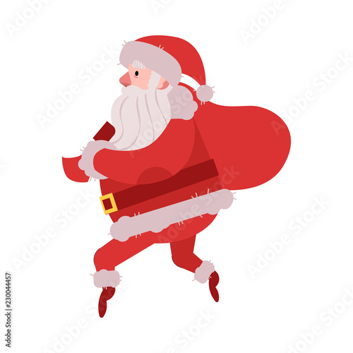 Vector illustration of Santa Claus in red costume and hat sneaking with big bag of Christmas and New Year gifts and presents behind his back isolated on white background in flat style.