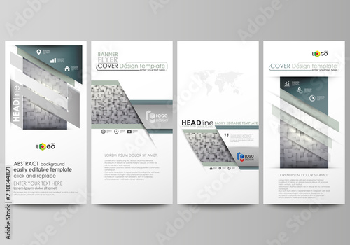 Flyers set, modern banners. Business templates. Cover design template, easy editable abstract vector layouts. Pattern made from squares, gray background in geometrical style. Simple texture.