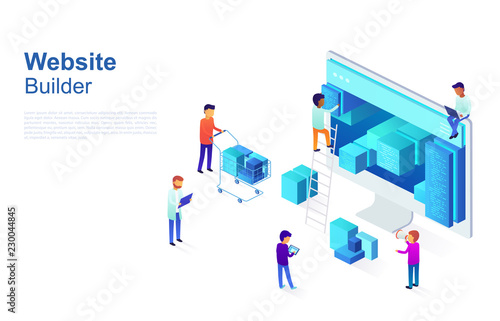 Team of programmers makes web page design, site structure. Business concept of developing UI / UX design, Seo optimization. Isometric vector illustration isolated on white background.