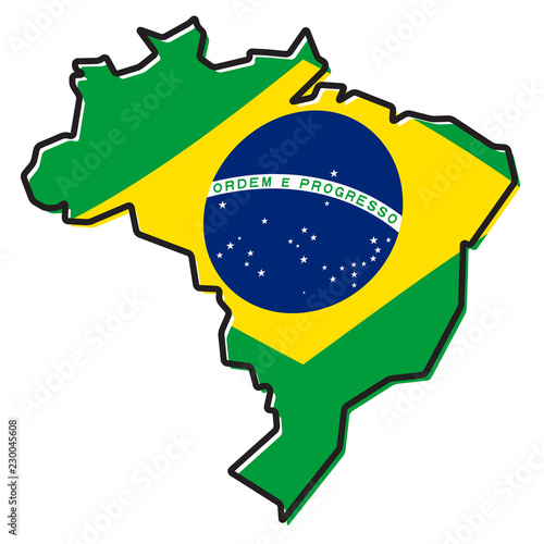 Simplified map of Brazil outline, with slightly bent flag under it.
