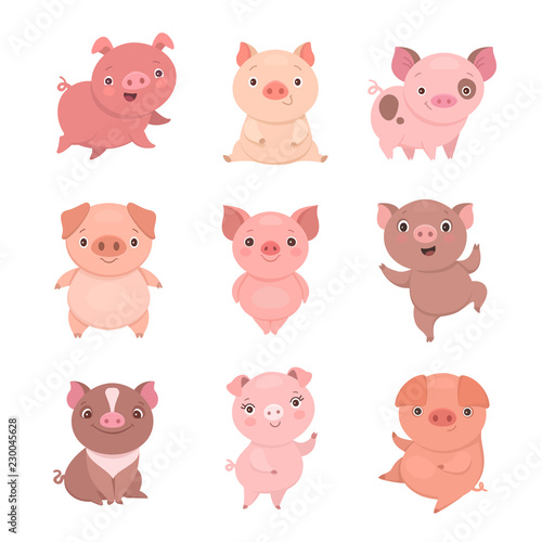 Cute piggies collection. Vector illustration of funny cartoon pigs in different poses. Isolated on white.