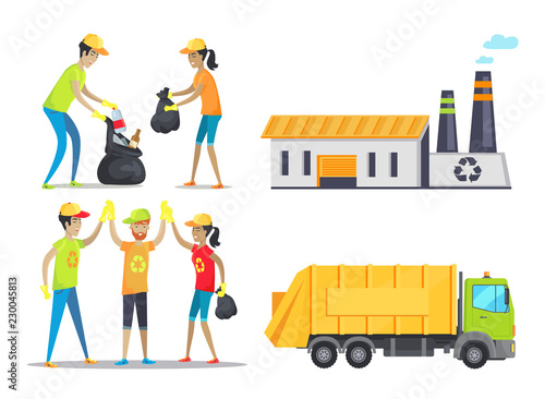 Happy Volunteers Working, Vector Illustration