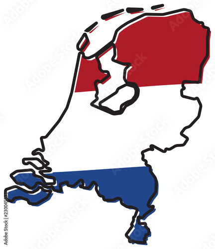 Simplified map of Netherlands outline, with slightly bent flag under it.