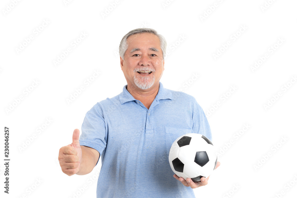 Lifestyle senior man feel happy holding football soccer ball prepare for Cheer team favorite isolated on white background Lifestyle senior man feel happy holding football soccer ball prepare for Cheer team favorite isolated on white background