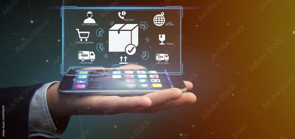Businessman holding a logistic delivery application screen 3d rendering Businessman holding a logistic delivery application screen 3d rendering