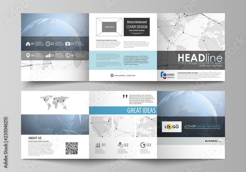 The gray colored minimalistic vector illustration of the editable layout. Two creative covers design templates for square brochure. World globe on blue. Global network connections, lines and dots.