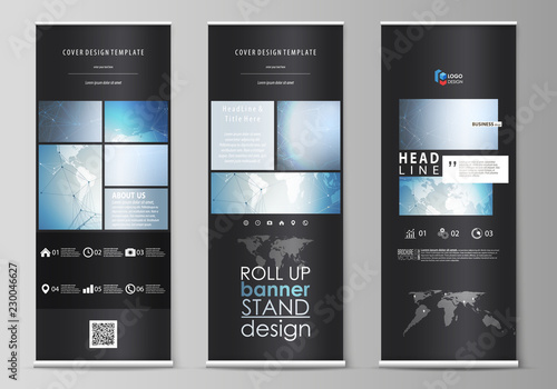 The black colored vector illustration of the editable layout of roll up banner stands, vertical flyers, flags design business templates. Scientific medical DNA research. Science or medical concept.
