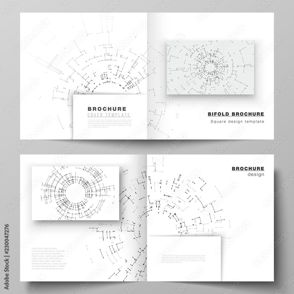 The vector layout of two cover templates for square design bifold brochure, magazine, flyer, booklet. Network connection concept with connecting lines and dots. Technology design digitalbackground