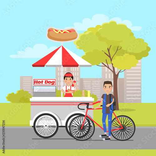 Hot Dog Van and Client on Sport Bike Vector Card