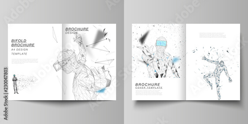 The vector layout of two A4 format cover mockups design templates for bifold brochure, magazine, flyer, booklet, report. Man with glasses of virtual reality. Abstract vr, future technology concept.
