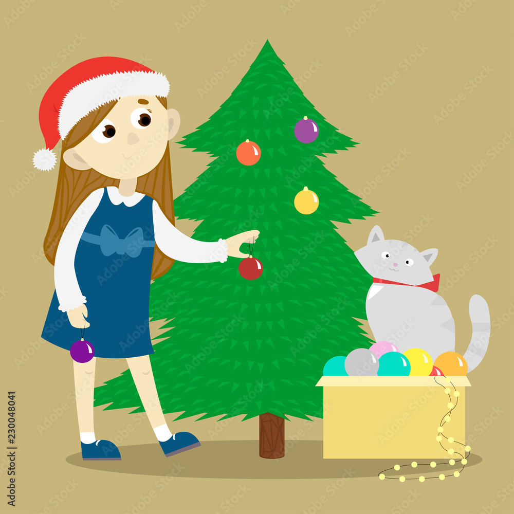 Girl decorates the christmas tree Girl decorates the christmas tree