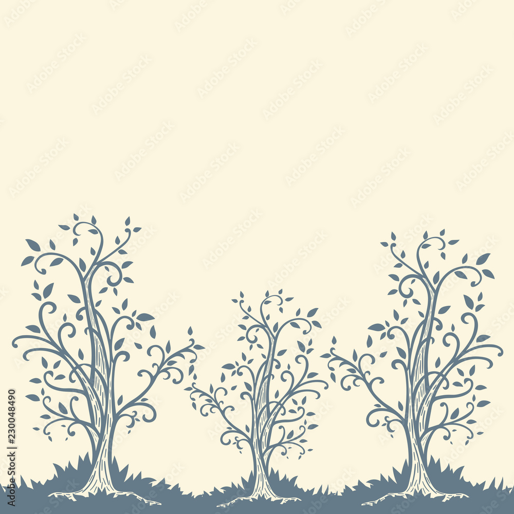 Leaflet with hand drawn pastel curly trees and empty space for your text isolated on beige background. Vector illustration.