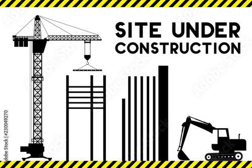under construction site with silhouettes of building,crane and excavator