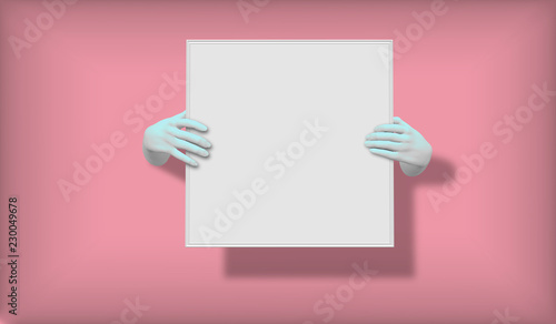 3D vector illustration of blue hands empty frame isolated on pink, abstract fashion background, shop display, mannequin body part, show, presentation