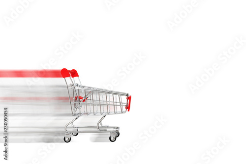 Empty shopping cart driving fast, isolated on white background