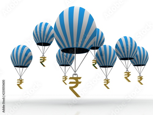 Rupee currency flying parachute. 3D rendering illustration
