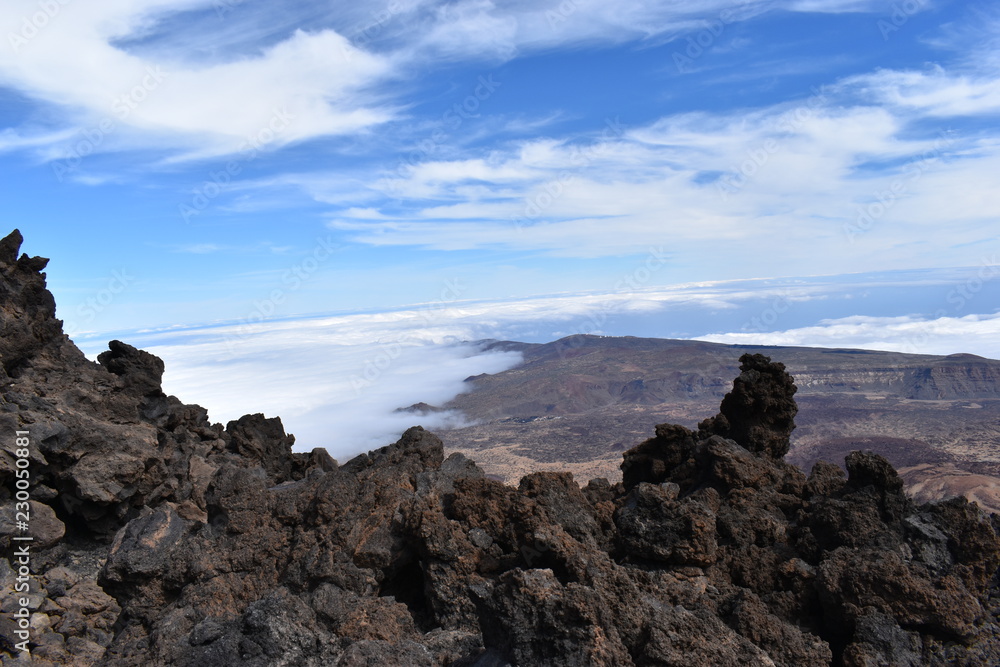 Beautiful scenery over the clouds from the big famous volcano Pico del Teide in Tenerife, Europe