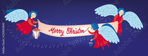 Christmas greeting card. Three red Christmas angels