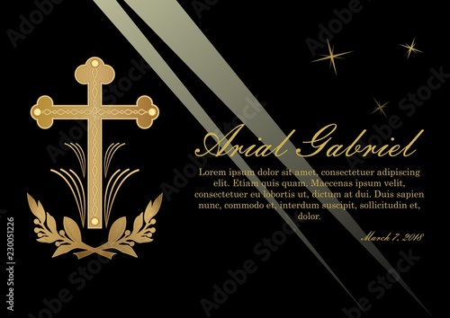 Funeral announcement in luxurious design. Luxurious obituary with golden crucifix and lawrence branches on black background with light rays. Vector template