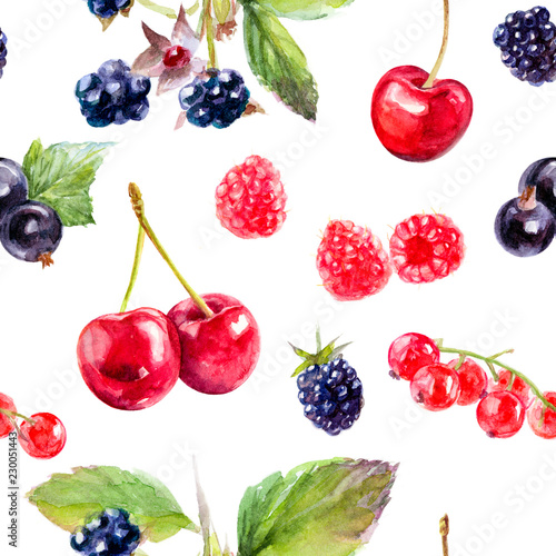 Fototapeta Naklejka Na Ścianę i Meble -  Garden berries hand draw seamless watercolor fabric pattern.