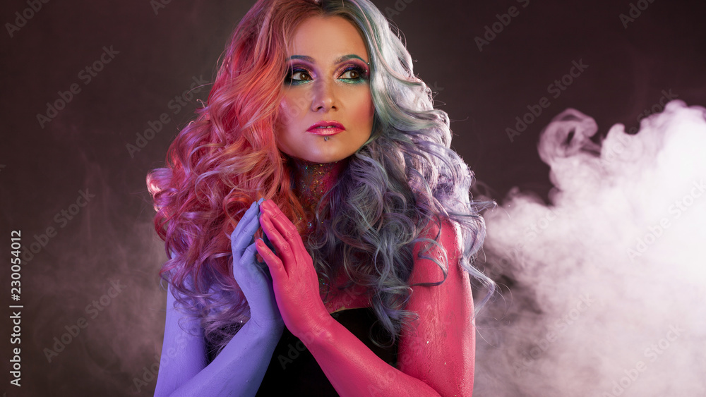 Fototapeta premium Beautiful woman with bright hair. Bright hair color