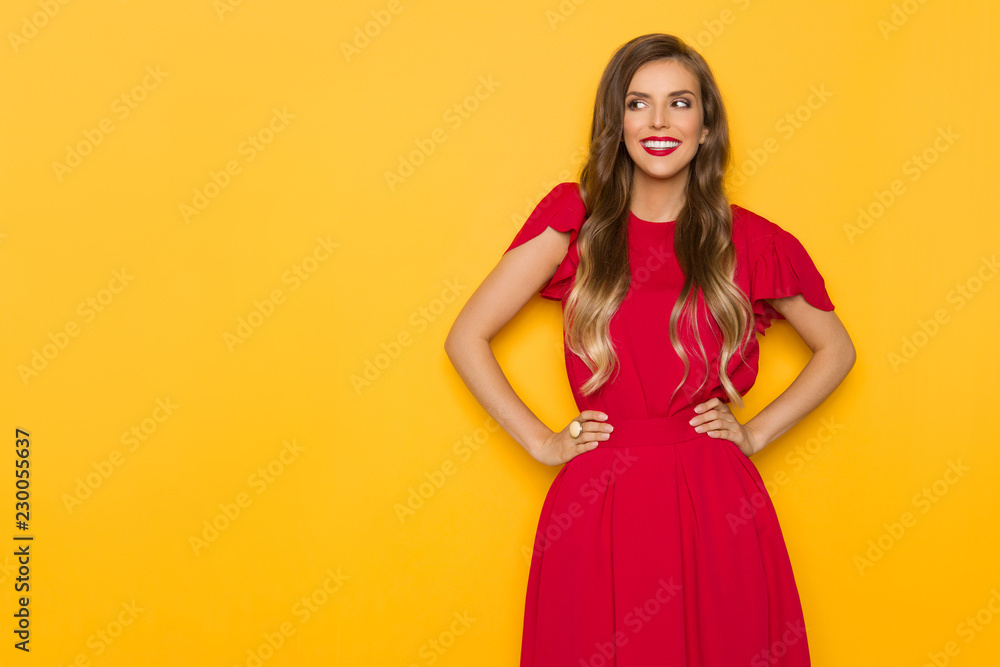 Beautiful Smiling Woman In Red Dress Is Holding Hands On Hip And Looking Away