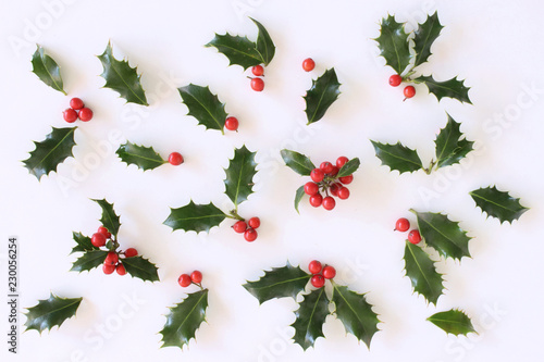 Christmas holly with red berries. Traditional festive decoration. Holly branch with red berries on white table background. Flat lay, top view.
