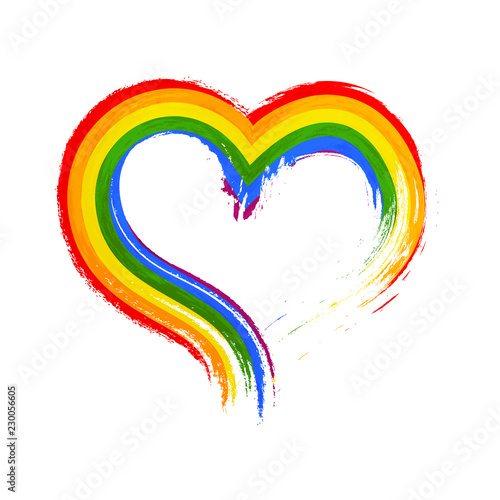 Grunge brush stroke with rainbow flag in heart shape, LGBT community sign isolated on white