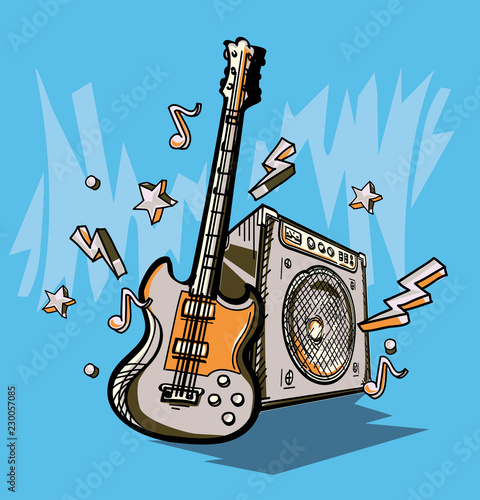 Music design - drawn guitar, amplifier and notes