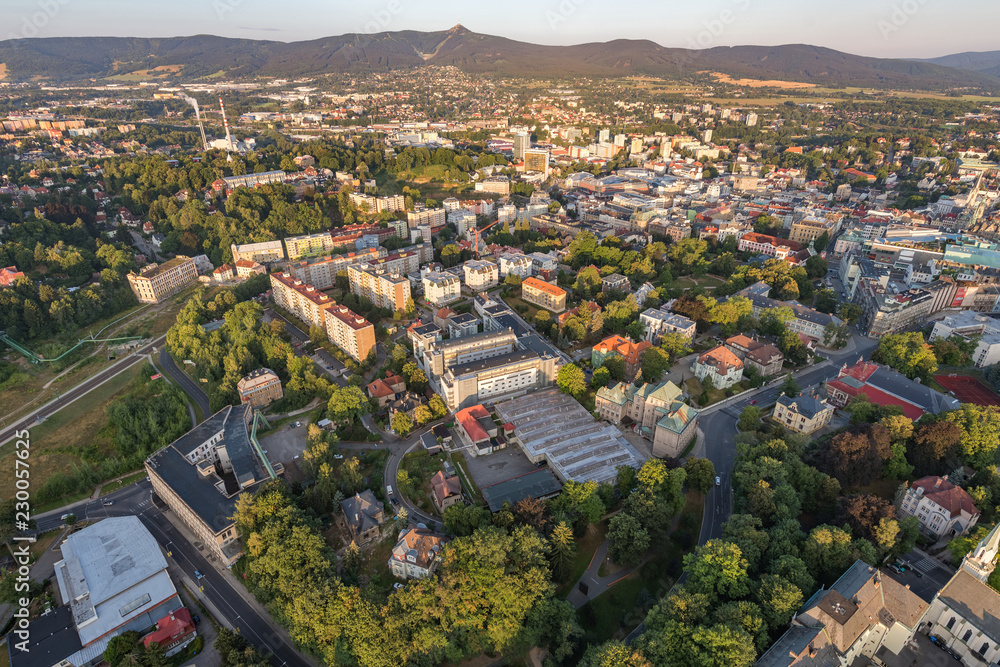 Aerial shot of Liberec city from hotair balloon