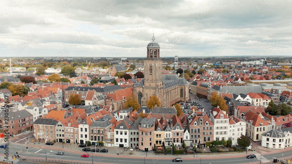 Aerial view of the Dutch medieval city of Deventer in The Netherlands with the central market square and principal church