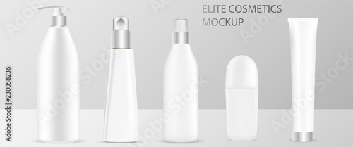 Realistic 3d mock-up of cosmetic package. Vector blank templates set of empty and clean white plastic containers: bottles with spray, dispenser and dropper, cream jar.