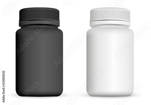 Realistic plastic bottles. Black and white 3d Vector illustration. Mock Up Template set of medicine package for pills, capsule, drugs.