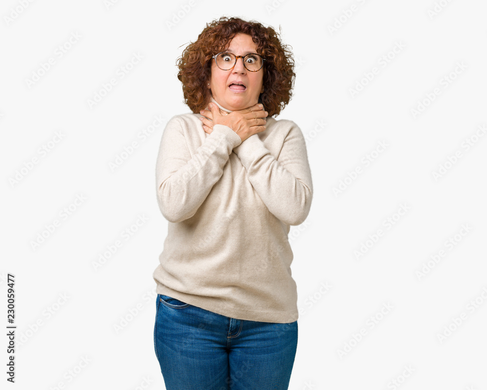 Beautiful middle ager senior woman wearing turtleneck sweater and glasses over isolated background shouting and suffocate because painful strangle. Health problem. Asphyxiate and suicide concept. Beautiful middle ager senior woman wearing turtleneck sweater and glasses over isolated background shouting and suffocate because painful strangle. Health problem. Asphyxiate and suicide concept.